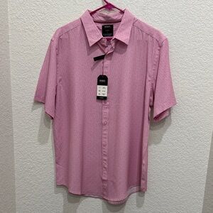 Men's Pink Short Sleeve Button Down Shirt 360 Stretch Wicking Wrinkle Free Slim